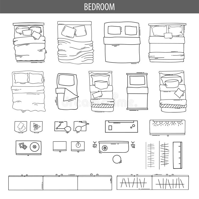 Set of linear icons for Interior top view plans. Vector Illustration. Furniture and elements for living room, bedroom, kitchen, bathroom, office. Floor plan. Sketch of furniture. Set of linear icons for Interior top view plans. Vector Illustration. Furniture and elements for living room, bedroom, kitchen, bathroom, office. Floor plan. Sketch of furniture