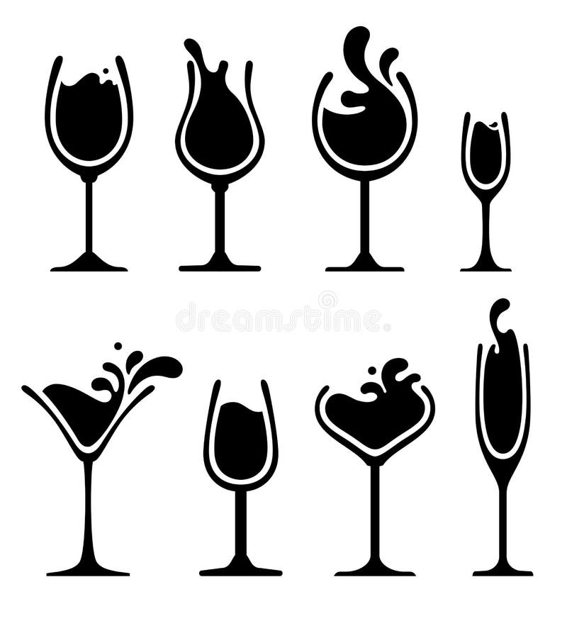 Set of wine, champagne, martini and cocktail glass. Splash silhouette drink. Black and white. Set of wine, champagne, martini and cocktail glass. Splash silhouette drink. Black and white