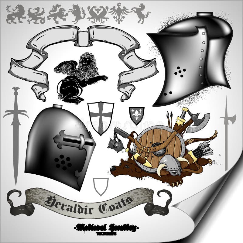 Set of medieval heraldic elements with shields and weapons. Set of medieval heraldic elements with shields and weapons