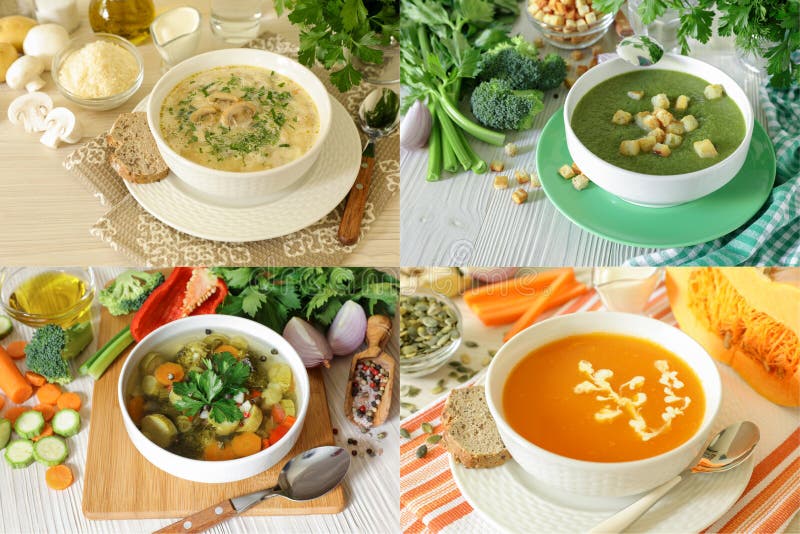 Set of four vegetable soups light mix vegetables, champignon mushrooms, broccoli celery and pumpkin puree soups, vegetarian soups - healthy food concept. Set of four vegetable soups light mix vegetables, champignon mushrooms, broccoli celery and pumpkin puree soups, vegetarian soups - healthy food concept.