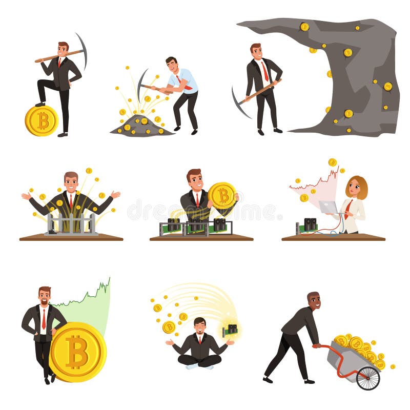 Set of business people extracting cryptocurrency, golden bitcoins. Mining farm. Virtual money and finance theme. Miner of GPU. Men and one woman. Flat vector illustration isolated on white background. Set of business people extracting cryptocurrency, golden bitcoins. Mining farm. Virtual money and finance theme. Miner of GPU. Men and one woman. Flat vector illustration isolated on white background.