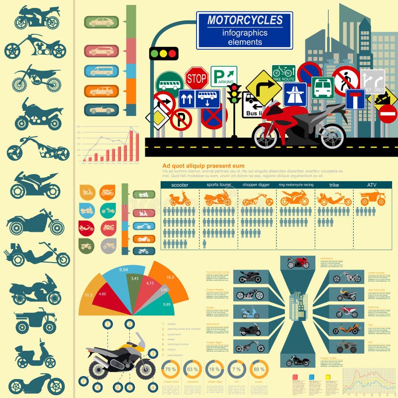 Set of motorcycles elements, transportation infographics. Vector illustration. Set of motorcycles elements, transportation infographics. Vector illustration