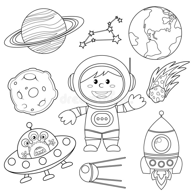 套空间元素 宇航员、地球、土星、月亮、飞碟、火箭、彗星、星座、斯布尼克和星 库存例证