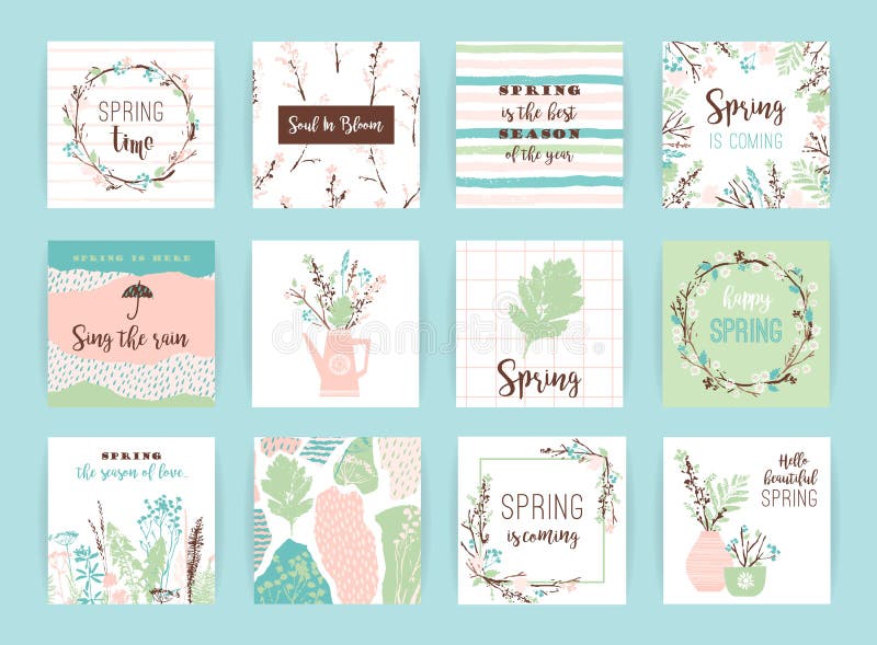 Set of artistic creative spring cards. Hand Drawn textures. Spring gentle pastel colors. Design for poster, card, invitation, placard, brochure, flyer. Vector. Set of artistic creative spring cards. Hand Drawn textures. Spring gentle pastel colors. Design for poster, card, invitation, placard, brochure, flyer. Vector