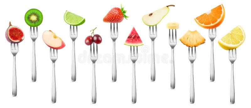 12 isolated fruit pieces. Cut fig, apple, kiwi, lemon, grape, orange, lime, strawberry, watermelon, banana, pineapple and pear on a steel dessert fork isolated on white background with clipping path. 12 isolated fruit pieces. Cut fig, apple, kiwi, lemon, grape, orange, lime, strawberry, watermelon, banana, pineapple and pear on a steel dessert fork isolated on white background with clipping path