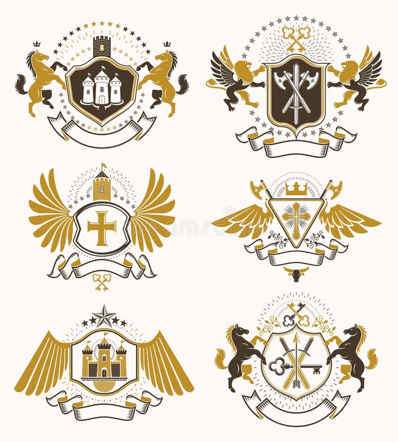 Set of luxury heraldic vector templates. Collection of vector symbolic blazons made using graphic elements, royal crowns, medieval castles, armory and religious crosses. Set of luxury heraldic vector templates. Collection of vector symbolic blazons made using graphic elements, royal crowns, medieval castles, armory and religious crosses.