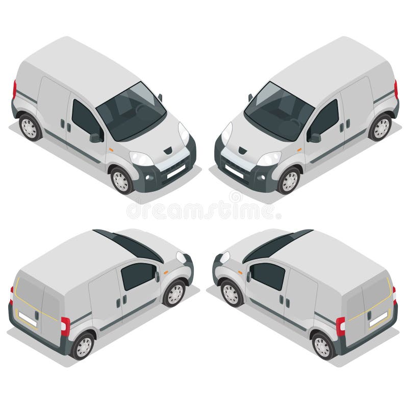 Set of icons small truck for transportation cargo. Van for the carriage of cargo. Delivery car. Vector isometric illustration. Set of icons small truck for transportation cargo. Van for the carriage of cargo. Delivery car. Vector isometric illustration