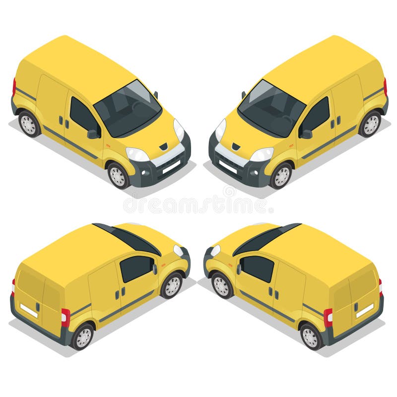 Set of icons small truck for transportation cargo. Van for the carriage of cargo. Delivery car. Vector isometric illustration. Set of icons small truck for transportation cargo. Van for the carriage of cargo. Delivery car. Vector isometric illustration