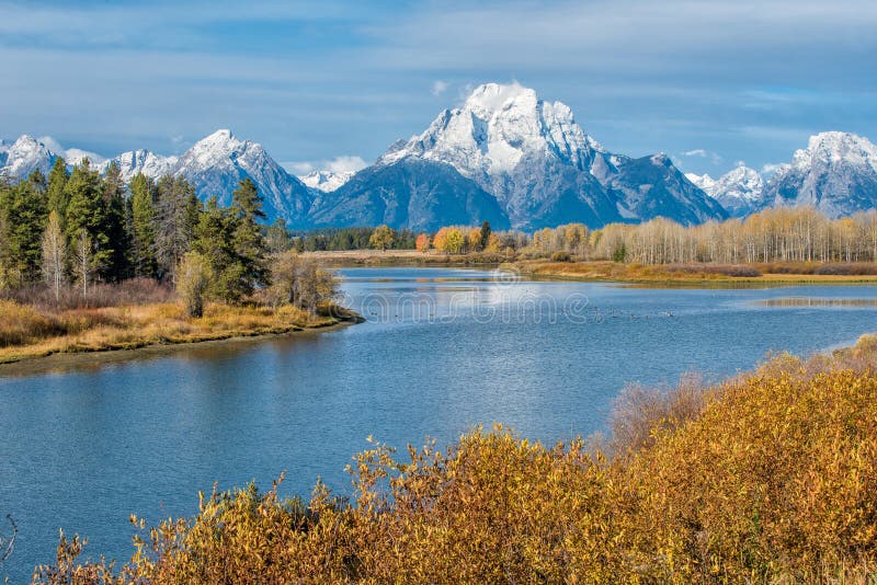 Oxbow Bend at Snake River and Mount Moran in Grand Teton National Park during autumn in Wyoming. Oxbow Bend at Snake River and Mount Moran in Grand Teton National Park during autumn in Wyoming