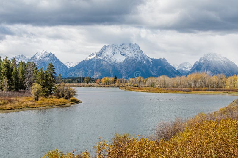 Oxbow Bend at Snake River and Mount Moran in Grand Teton National Park during autumn in Wyoming. Oxbow Bend at Snake River and Mount Moran in Grand Teton National Park during autumn in Wyoming