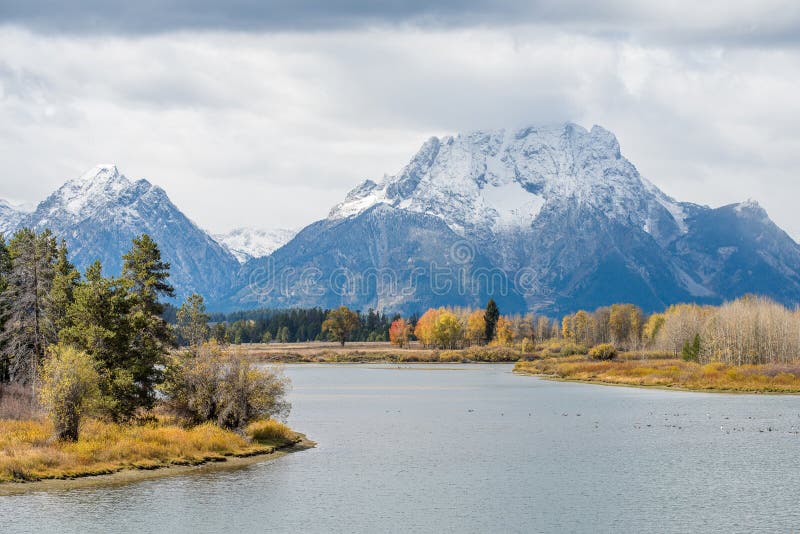 Oxbow Bend at Snake River and Mount Moran in Grand Teton National Park during autumn in Wyoming. Oxbow Bend at Snake River and Mount Moran in Grand Teton National Park during autumn in Wyoming