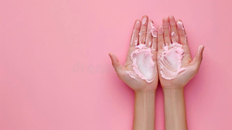 Woman&#x27;s hands apply moisturizer cream on pastel pink background with copyspace. Skincare concept. AI generated. Woman&#x27;s hands apply moisturizer cream on pastel pink background with copyspace. Skincare concept. AI generated