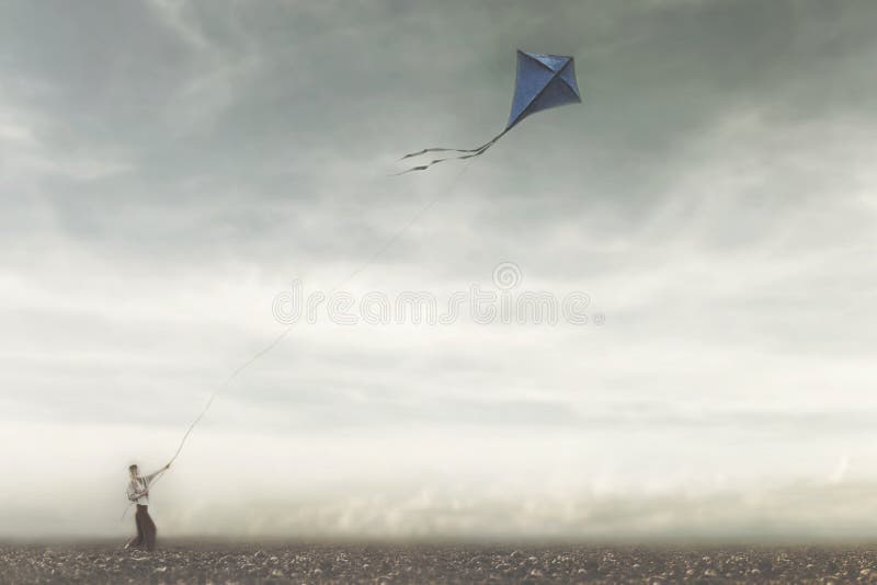 女人抱着在天上飞翔的巨风筝，自由的概念