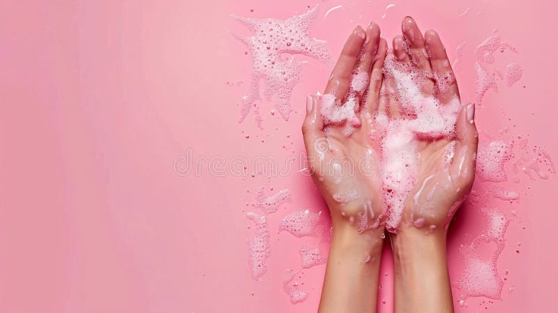 Woman&#x27;s hands apply moisturizer foam on pastel pink background with copyspace. Skincare concept. AI generated. Woman&#x27;s hands apply moisturizer foam on pastel pink background with copyspace. Skincare concept. AI generated