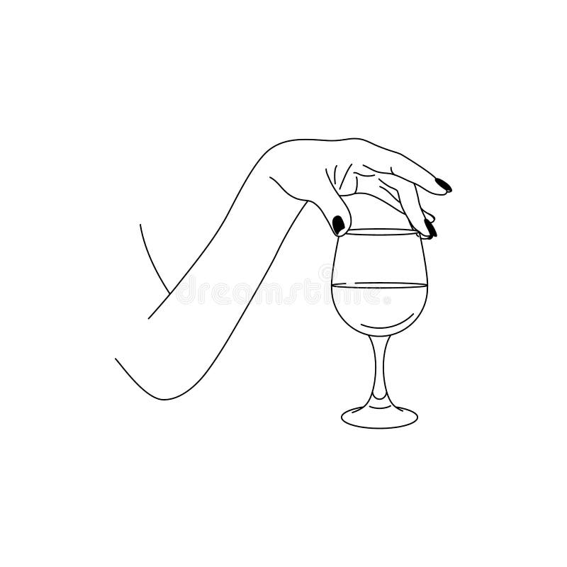 女人的手拿着一杯极简风格的葡萄酒. 女性身体的矢量时装插图 库存例证