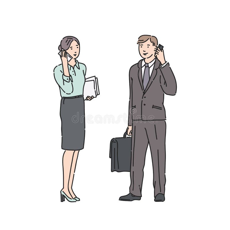 女商人和人严密的衣服的谈话在电话 在白色在线艺术样式的传染媒介例证隔绝的 向量例证 女商人和人严密的衣服的谈话在电话 在白色在线艺术样式的传染媒介例证隔绝的 向量例证