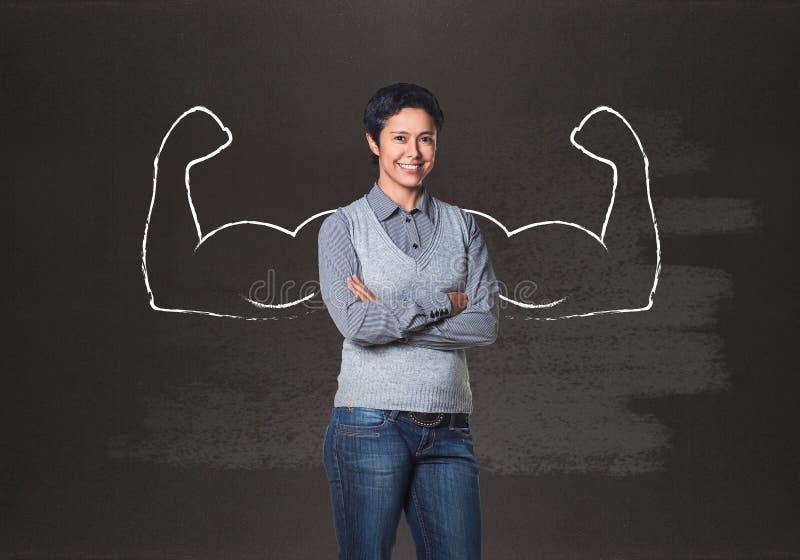 Business woman with drawn powerful hands. Black chalkboard background. Business woman with drawn powerful hands. Black chalkboard background.