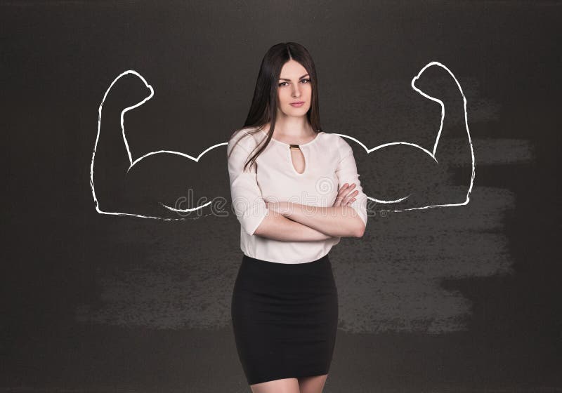 Business woman with drawn powerful hands. Black chalkboard background. Business woman with drawn powerful hands. Black chalkboard background.