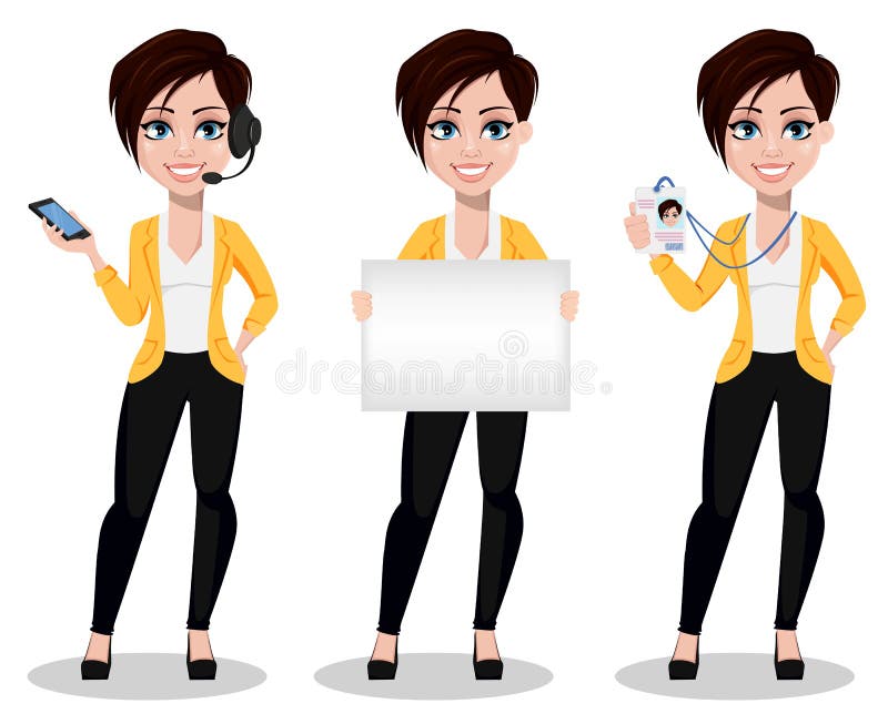 Business woman, freelancer, banker, set of three poses. Beautiful lady in casual clothes holding smartphone, holding blank placard and holding badge. Vector illustration on white background. Business woman, freelancer, banker, set of three poses. Beautiful lady in casual clothes holding smartphone, holding blank placard and holding badge. Vector illustration on white background.