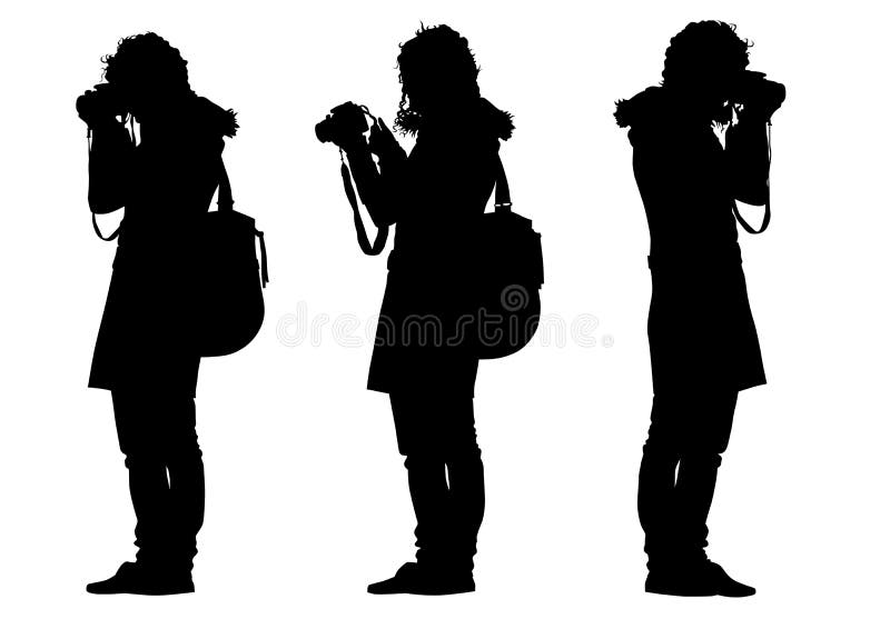 Vector drawing a girl with a camera. Silhouette on white background. Vector drawing a girl with a camera. Silhouette on white background