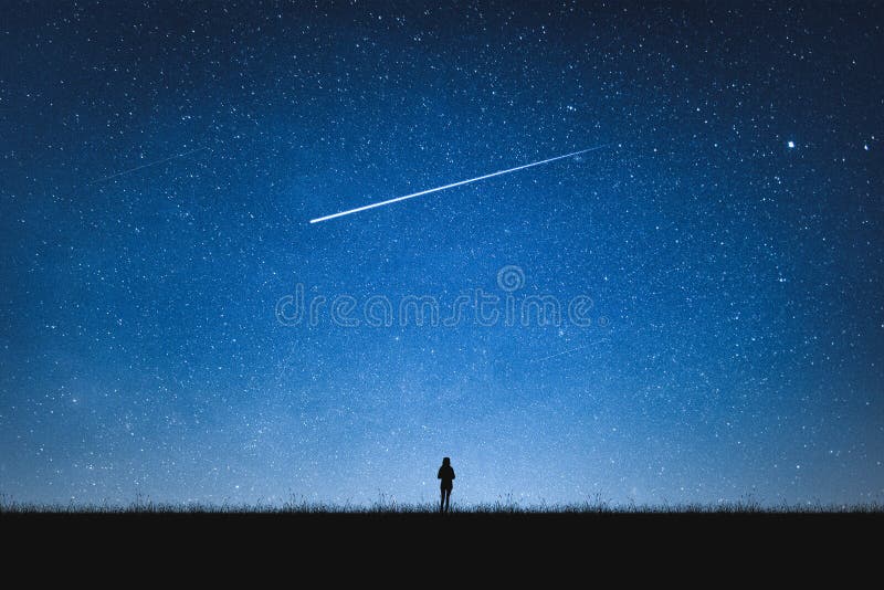 Silhouette of girl standing on mountain and night sky with shooting star. Alone concept. Alone. Silhouette of girl standing on mountain and night sky with shooting star. Alone concept. Alone
