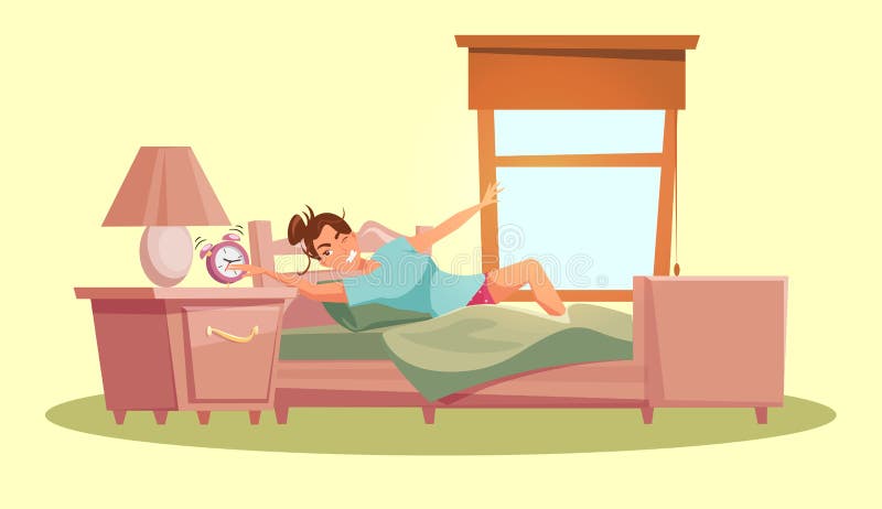 Girl waking up flat vector illustration. Young caucasian person in bedroom cartoon character. Woman getting up in morning, stretching and yawning. Everyday routine, awakening. Room in daylight. Girl waking up flat vector illustration. Young caucasian person in bedroom cartoon character. Woman getting up in morning, stretching and yawning. Everyday routine, awakening. Room in daylight