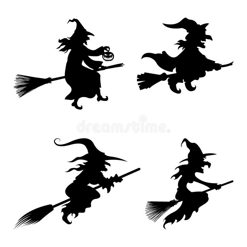 Silhouettes of Witches Flying on Broomsticks. On white background. Silhouettes of Witches Flying on Broomsticks. On white background.