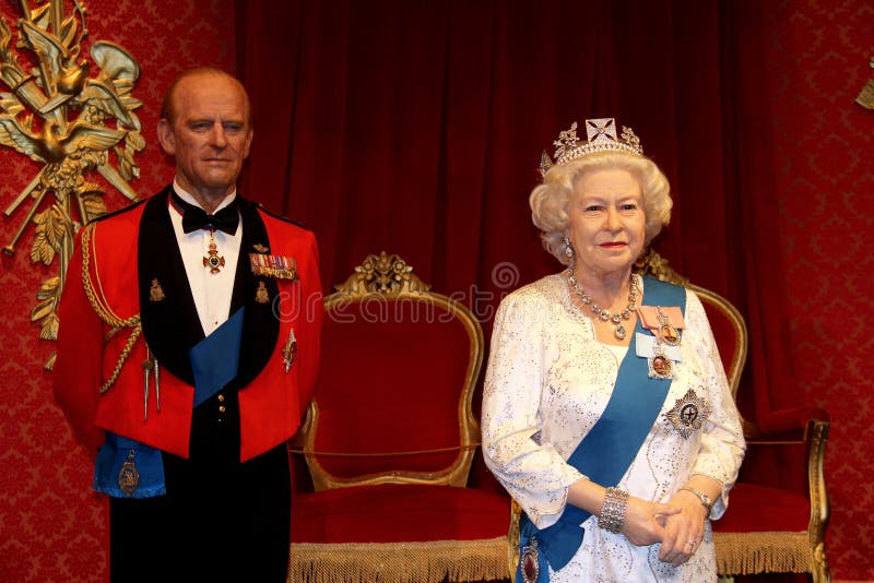 London, - United Kingdom, 08, July 2014. Madame Tussauds in London. Waxwork statue of Prince Philip, Duke of Edinburgh. and Queen Elizabeth 11, Created by Madam Tussauds in 1884. Madam Tussauds is a waxwork museum and tourist attraction exhibiting celebrity life size wax statues. This museum allows people to touch and to be photographed with the waxwork statues. Photo taken on: 8th July, 2014. London, - United Kingdom, 08, July 2014. Madame Tussauds in London. Waxwork statue of Prince Philip, Duke of Edinburgh. and Queen Elizabeth 11, Created by Madam Tussauds in 1884. Madam Tussauds is a waxwork museum and tourist attraction exhibiting celebrity life size wax statues. This museum allows people to touch and to be photographed with the waxwork statues. Photo taken on: 8th July, 2014