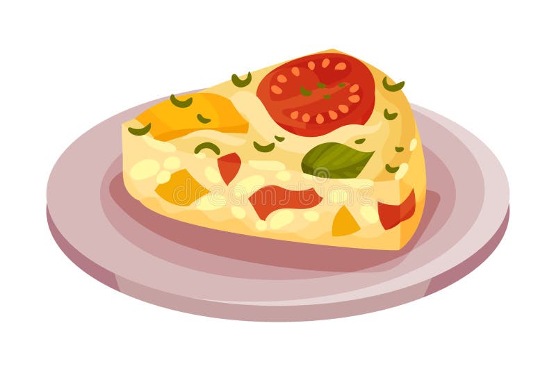 Frittata or Omelette with Cheese and Vegetables as Italian Cuisine Dish Vector Illustration. Appetizing Traditional Dish Served on Plate Side View. Frittata or Omelette with Cheese and Vegetables as Italian Cuisine Dish Vector Illustration. Appetizing Traditional Dish Served on Plate Side View