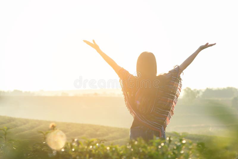 好生活方式旅客妇女愉快的感觉日出早晨放松和面对在自然茶农场的自由， 免版税库存图片
