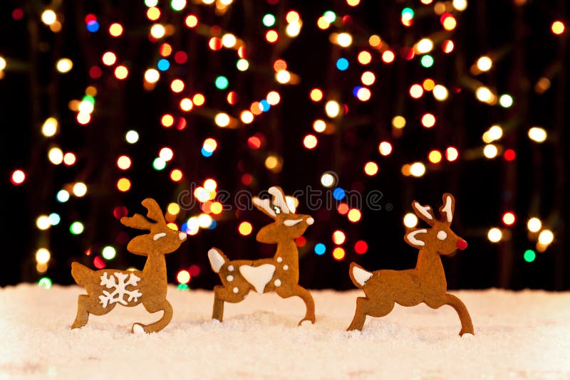 Gingerbread deers against colorful blurry christmas lights. Gingerbread deers against colorful blurry christmas lights