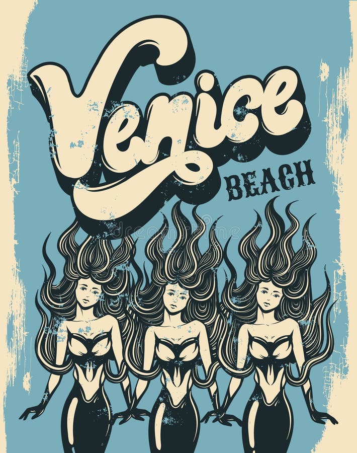 Venice beach. Vector colorful poster with handwritten lettering and hand drawn illustration of mermaid. Template for card, placard, banner, print for t-shirt. Venice beach. Vector colorful poster with handwritten lettering and hand drawn illustration of mermaid. Template for card, placard, banner, print for t-shirt.