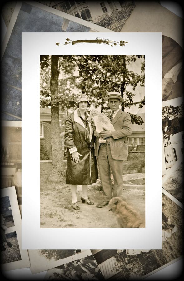 An original vintage photograph of a couple with a baby on a background of old pictures. An original vintage photograph of a couple with a baby on a background of old pictures.