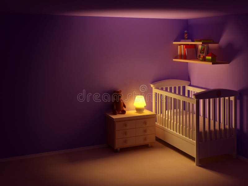 Baby's bedroom with commode and bear at night. Empty room, night scene. Baby's bedroom with commode and bear at night. Empty room, night scene