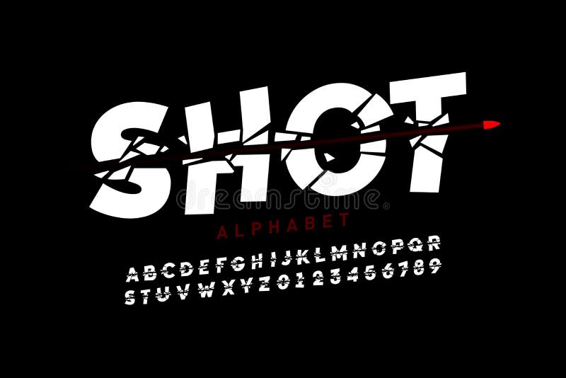 Bullet shot font, alphabet letters and numbers. Bullet shot font, alphabet letters and numbers