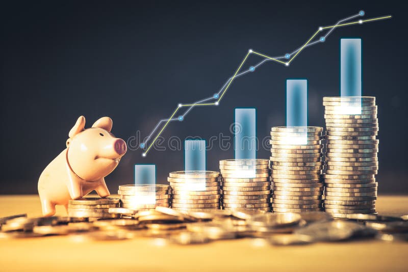 存货基金或节约金钱图表和存钱罐硬币的 企业想法和设计的背景 财政investm的图 库存照片