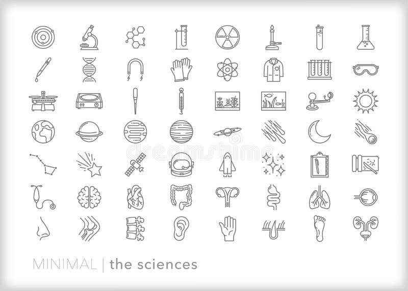 Line icon set of the sciences as students learn them in school, including physics, biology, chemistry and anatomy. Line icon set of the sciences as students learn them in school, including physics, biology, chemistry and anatomy