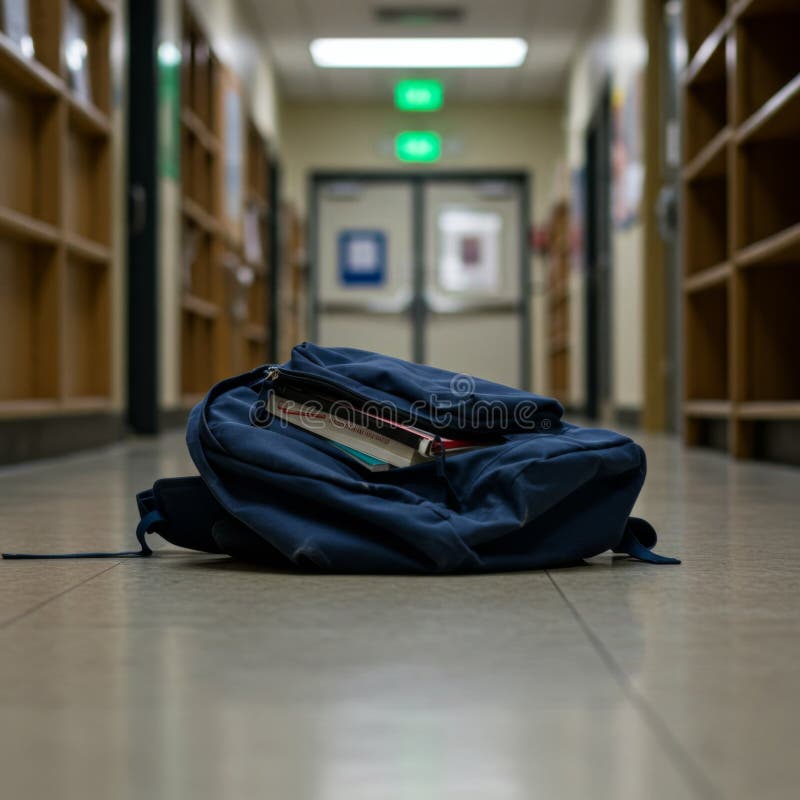 学校走廊里的蓝色背包 向量例证
