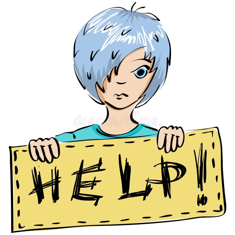 Vector illustration. A child holds a placard with inscription Help. Vector illustration. A child holds a placard with inscription Help