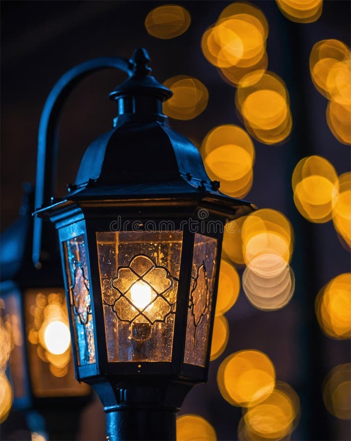 宁静的夜街灯箱背景上灯火通明的装饰灯 向量例证