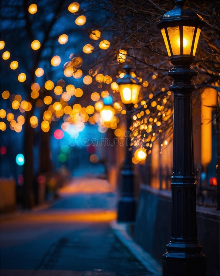 宁静的夜街灯箱背景上灯火通明的装饰灯 皇族释放例证