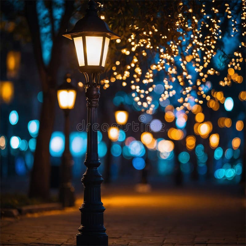 宁静的夜街灯箱背景上灯火通明的装饰灯 库存例证