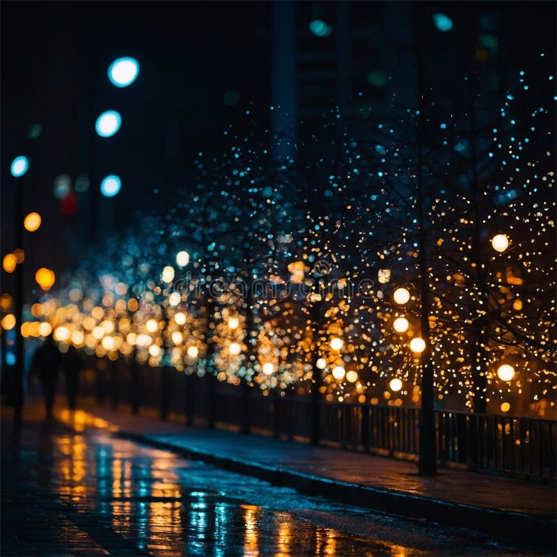 宁静的夜街灯箱背景上灯火通明的装饰灯 库存例证