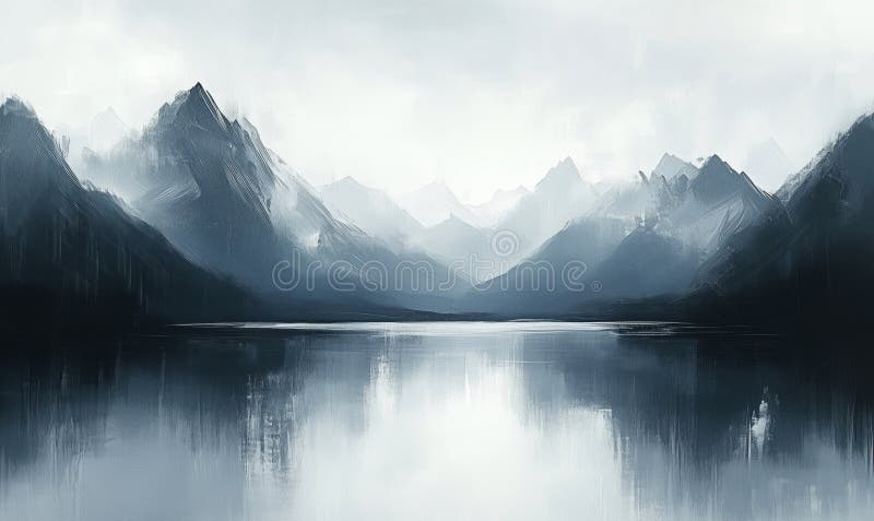 宁静的山景在淡水的柔和灰色朦胧的气氛中映出，雄伟的山峰宁静的湖 免版税库存照片