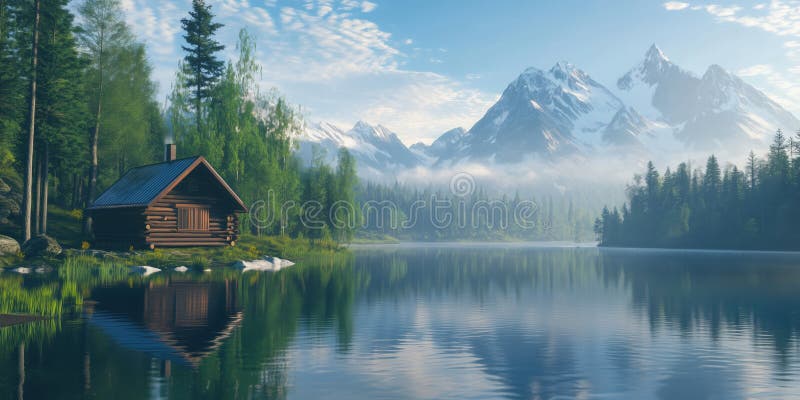 宁静的山景，宁静的湖泊小木屋郁郁葱葱的绿树和雄伟的雪顶山峰 免版税库存图片