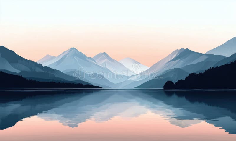 宁静的山景，宁静的湖泊映射，淡淡柔和的色彩，雄伟的山峰宁静的氛围 免版税库存照片