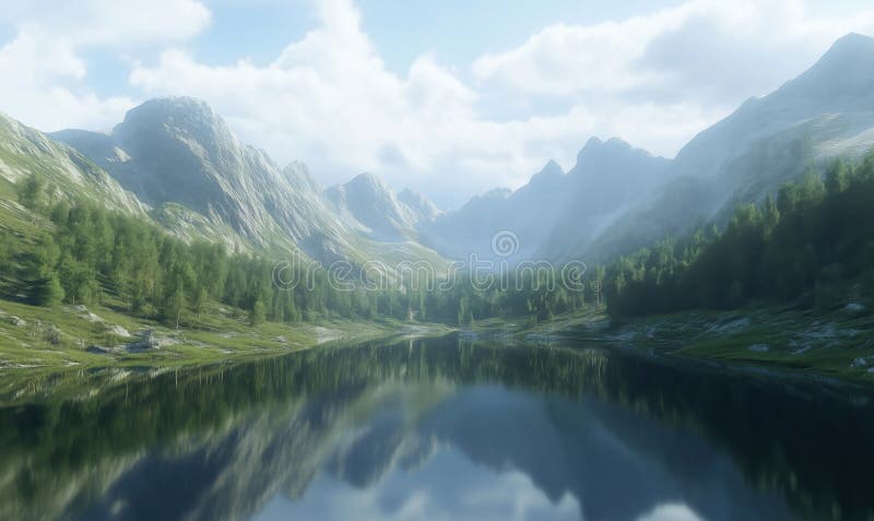 宁静的山景，宁静的湖泊郁郁葱葱的郁郁葱葱的山峰，柔和的云朵 图库摄影