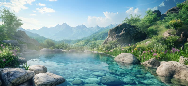 宁静的山景，宁静的蓝池，被郁郁葱葱的绿树和花朵所环绕 免版税图库摄影