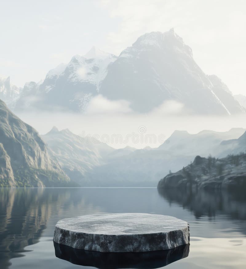 宁静的山景，平静的湖泊和圆形石台，映出雄伟的山峰和柔软的云朵 免版税库存照片