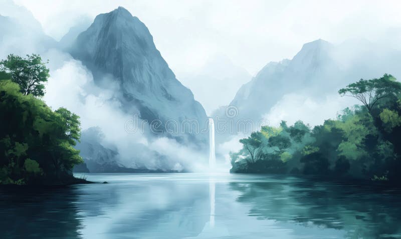宁静的山景，瀑布般的迷雾氛围，郁郁葱葱的淡水，映衬着群山 库存图片